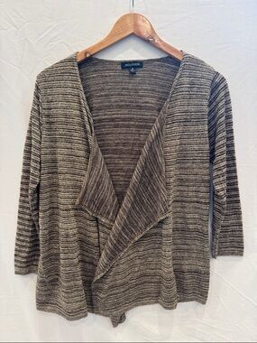 Notations Brown and Tan Metallic Striped Open-Front Cardigan, Size M